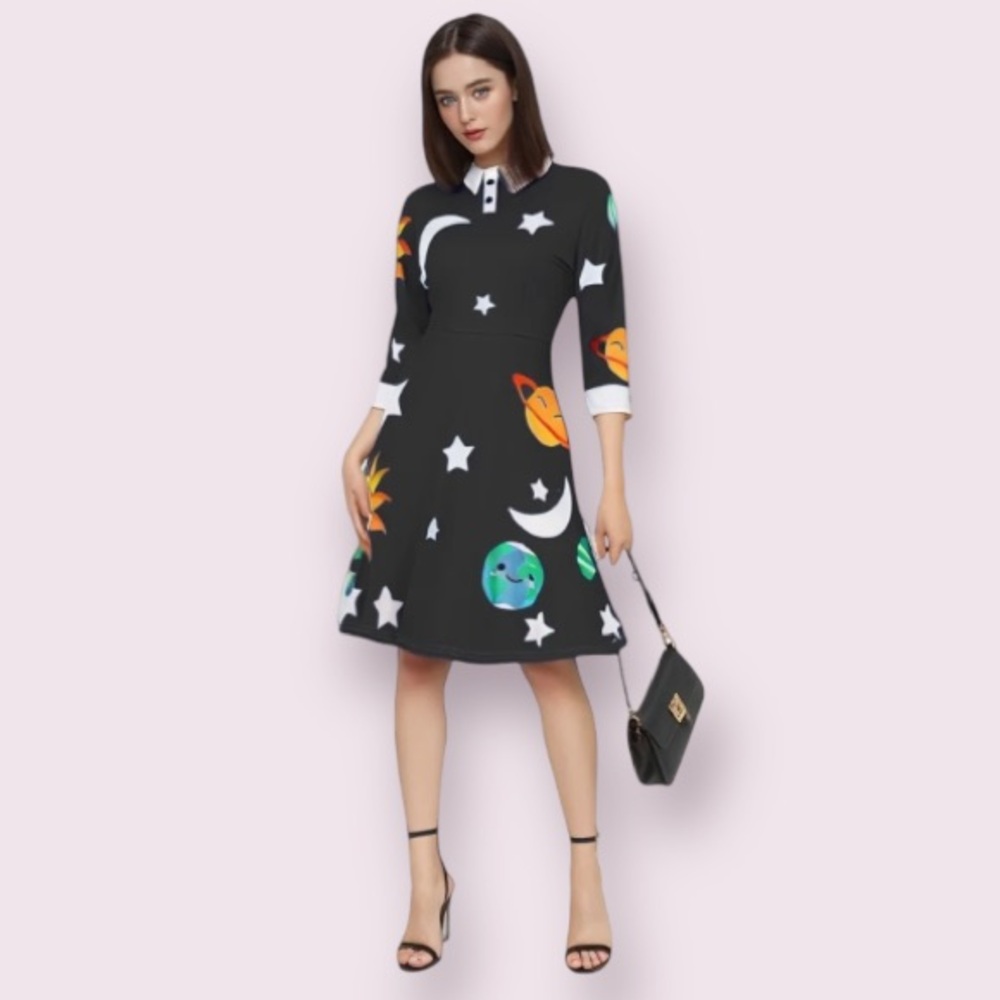 Peter Pan Collar Planet Print A-Line Flare Party Dress